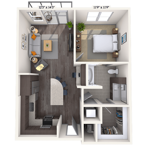 Floor plan for 1 bed, 1 bath, 808 sqft